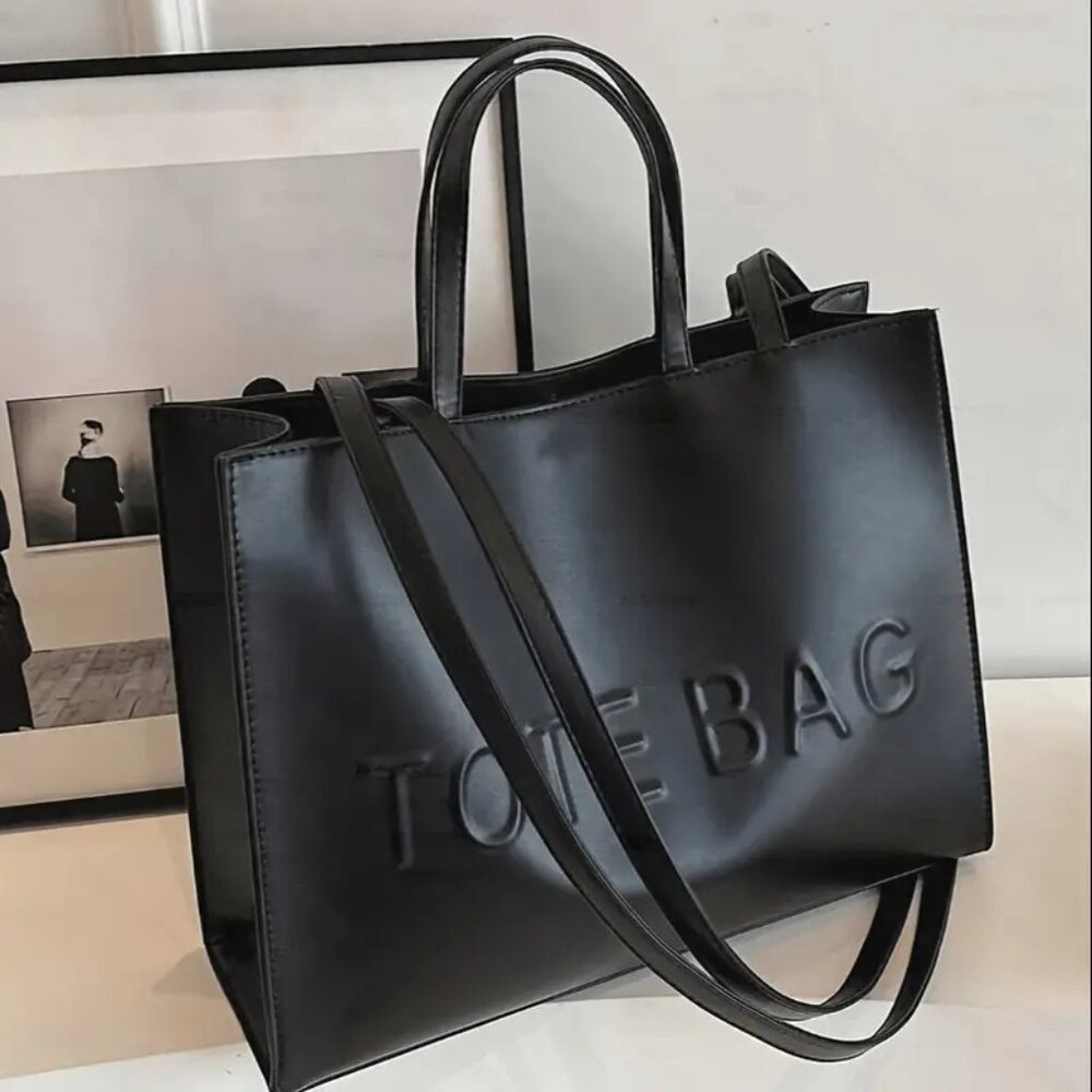 Stylish Black Embossed TOTE BAG Handbag - Vegan Leather Shoulder Bag for Women - Picture 7 of 9